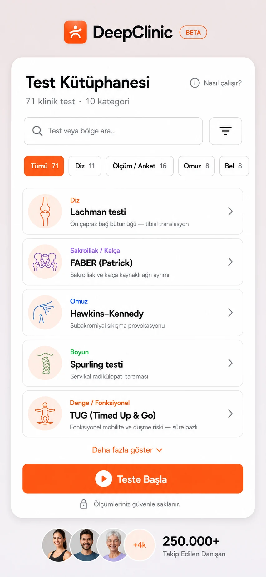 DeepClinic test kütüphanesi — bölgeye göre klinik testler
