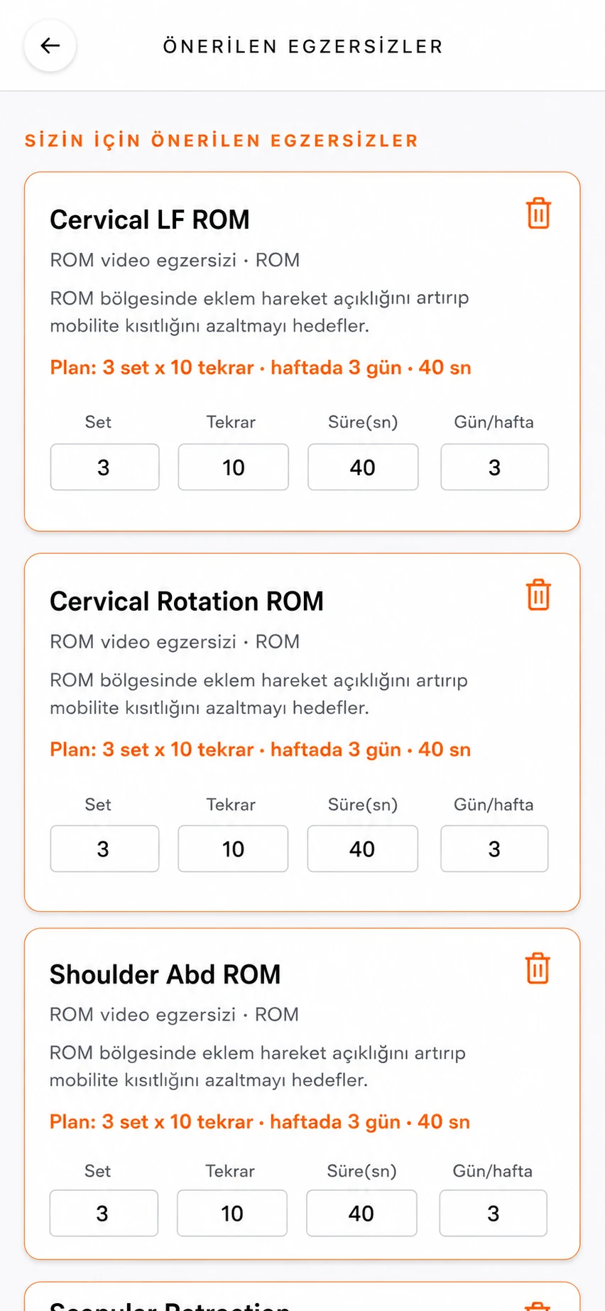 Önerilen egzersizler ekranı